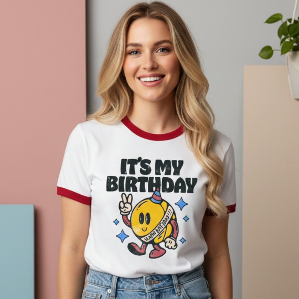 It's My Birthday Red & White Ringer Graphic Tee Retro T-Shirt Cute Mascot